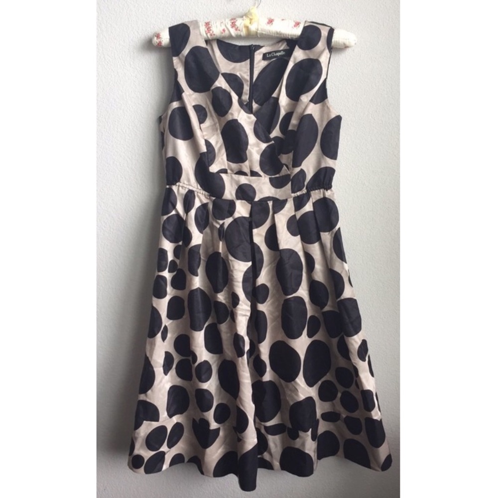 Beige Sleeveless Black-Dotted A-Line Dress